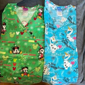 Disney Green(S) and Blue(XS) scrub Tops with Festive Patterns